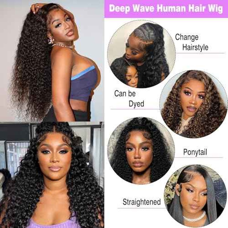 250% Density 13X6 30 Inch Deep Wave Lace Front Wigs Human Hair Curly Wig Wet and Wavy HD Lace Front Wig Pre Plucked 100% Real Human Hair No Synthetic Blend No Tangle No Shedding Triple Lifespan 3X