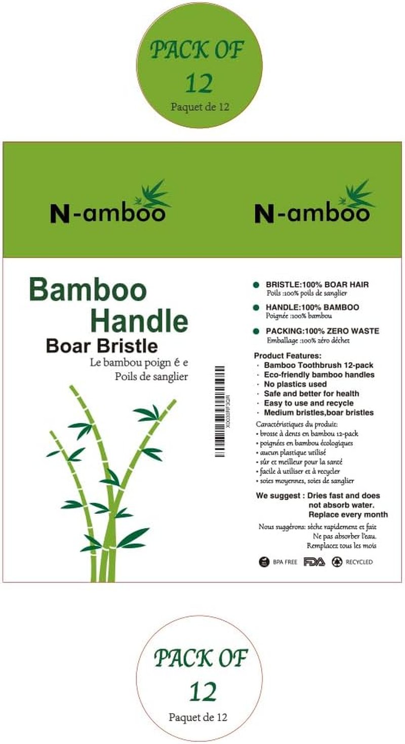 Natural Bamboo Toothbrush Set - Eco-Friendly Biodegradable Boar Bristles | Pack of 12