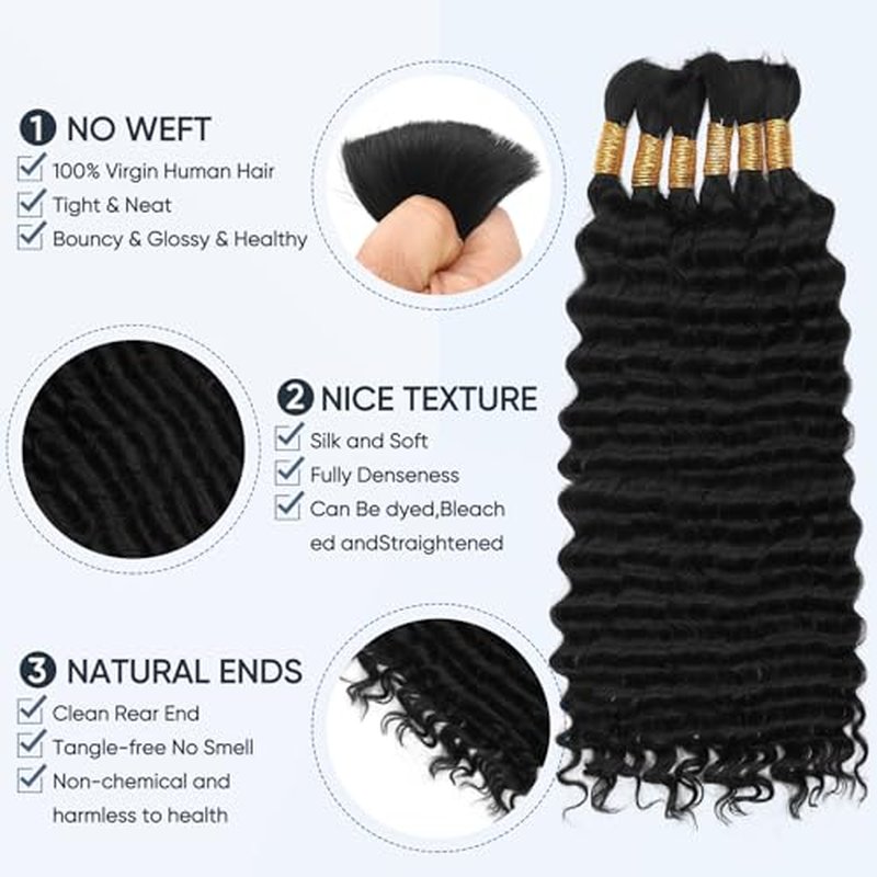 Human Braiding Hair for Boho Braids,150g 20 inch 6 Bundles Deep water Wave Bulk Boho Curly Human Hair for Braiding,Natural Color No Weft 12A Wet and Wavy Human Knotless Braiding Hair Extensions