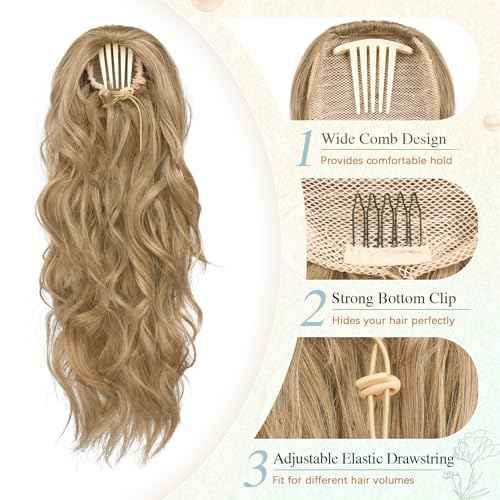 SOFEIYAN Drawstring Ponytail Extension 24 Inch Wavy Curly Clip on Hairpiece Comb Clip in Ponytail Extensions Layered Fluffy Thick Pony Tails Hair Extension Synthetic Hairpieces for Women-Blonde Mixed