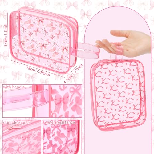 Kacctyen 6 Pcs Coquette Pink Bow Makeup Bags Gifts Accessories for Cosmetic Bags Pink Bow Gift Clear PVC Cheer Case Toiletry Zipper Pouch Waterproof Travel Toiletry Handbag Purses Organizer for Women