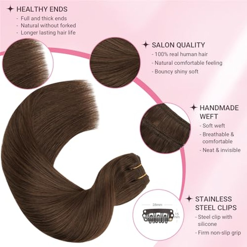 MAXITA Clip in Hair Extensions Real Human Hair, 7 pcs Chocolate Brown 18 Inch 120g, Clip ins Remy Hair Natural Straight Hair for Woman