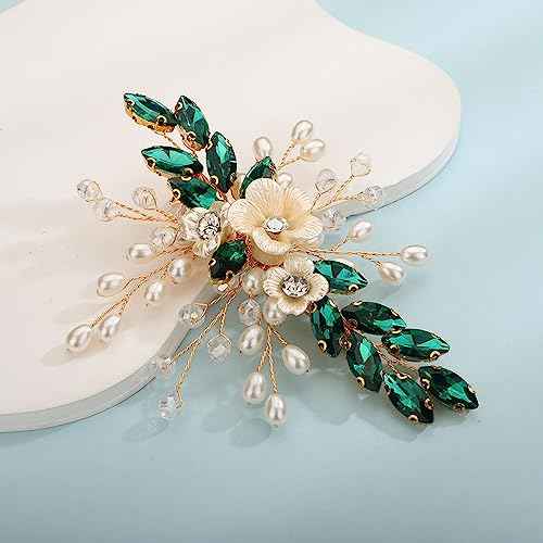 Teyglen Crystal Bridal Hair Clip Wedding Flower Green Rhinestone Hair Clips Handmade Pearls Crystal Hair Pieces Barrette Wedding Hair Accessories for Bride Floral Flower Headpieces for Women Girls