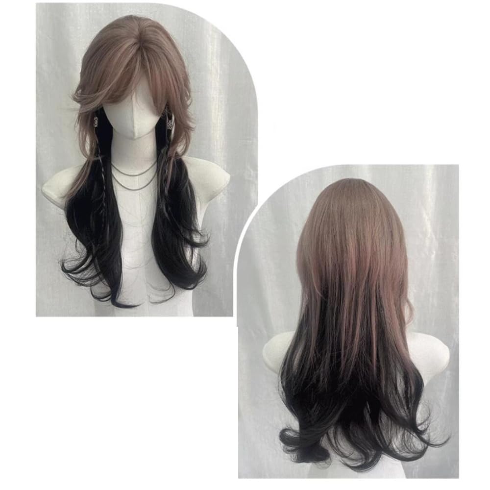 VVRPWASSLY Brown and Black Wig with Bangs Jellyfish Head Long Curly Hair High Temperature Silk Wig for Party