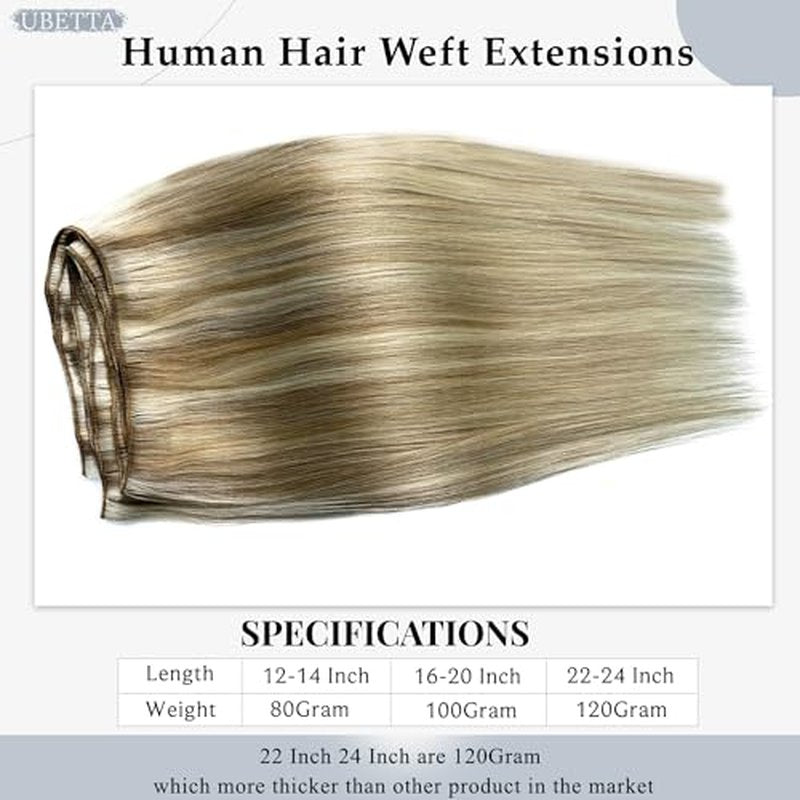 Balayage Ash Blonde to Blonde Highlights Sew in Hair Extensions Real Human Hair, 16 Inch 100G Weft Hair Extensions Human Hair, Hand Tied Weft Hair Extension Human Hair Weave Bundles Sew in Extensions