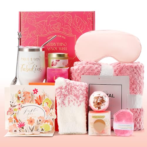 Christmas Gifts Basket for Women Get Well Soon Gifts, Rose Spa Gifts Basket Care Package w/ Luxury Blanket, Unique Mothers Day Gifts for Mom Her Friend Sister Wife