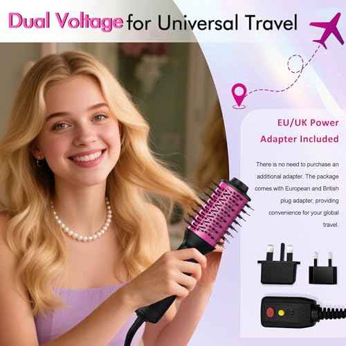Dual Voltage Travel Hair Dryer Brush (100V-240V), 2 Inch Blow Dryer Brush, One Step Hot Air Brush with EU&UK Plug and Negative Ion Anti-frizz Styling Brush (9.8'')