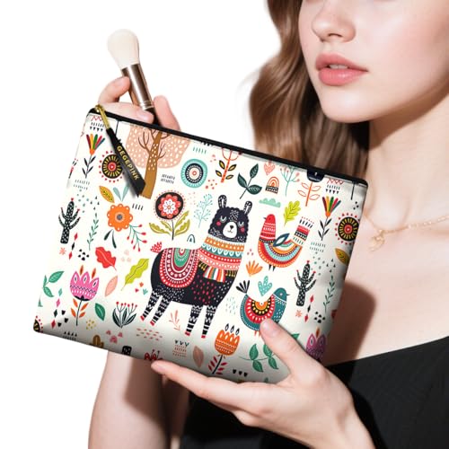 Cute Makeup Bag for Purse Waterproof Cosmetic Bags for Women Funny Smooth Zipper Travel Toiletry Pouch 10X8 Inches-Creamy Alpaca Makeup pouch