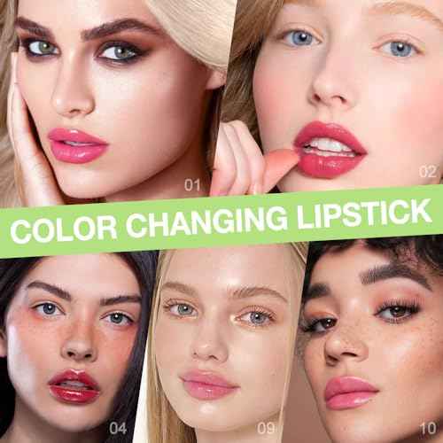 BINGBRUSH Peach Color Changing Lipstick,Moisturizer Long Lasting Lip Care Lip Balm Magic Lip Gloss Lip Tint Stain Gloss Set for Women(5 Pcs-01#Aloe+02#Strawberry+09#Peach+04#Red Cherry+10#Avocado)