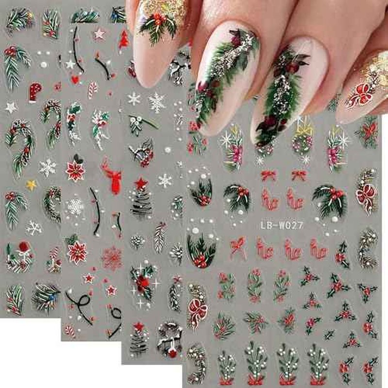 Christmas Nail Art Stickers, 5D Embossed Holly Leaf Nail Decals Green Red Winter Leaf Reindeer Snowflake Design Holiday Nail Art Supplies for Women Girls(4Sheets)