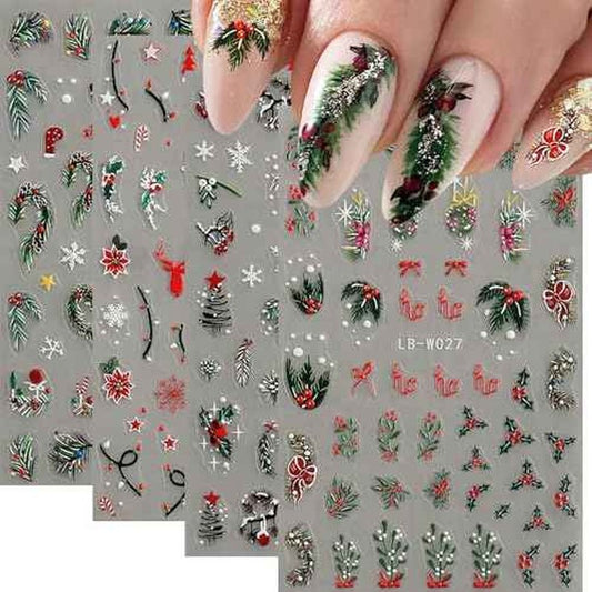 Christmas Nail Art Stickers, 5D Embossed Holly Leaf Nail Decals Green Red Winter Leaf Reindeer Snowflake Design Holiday Nail Art Supplies for Women Girls(4Sheets)