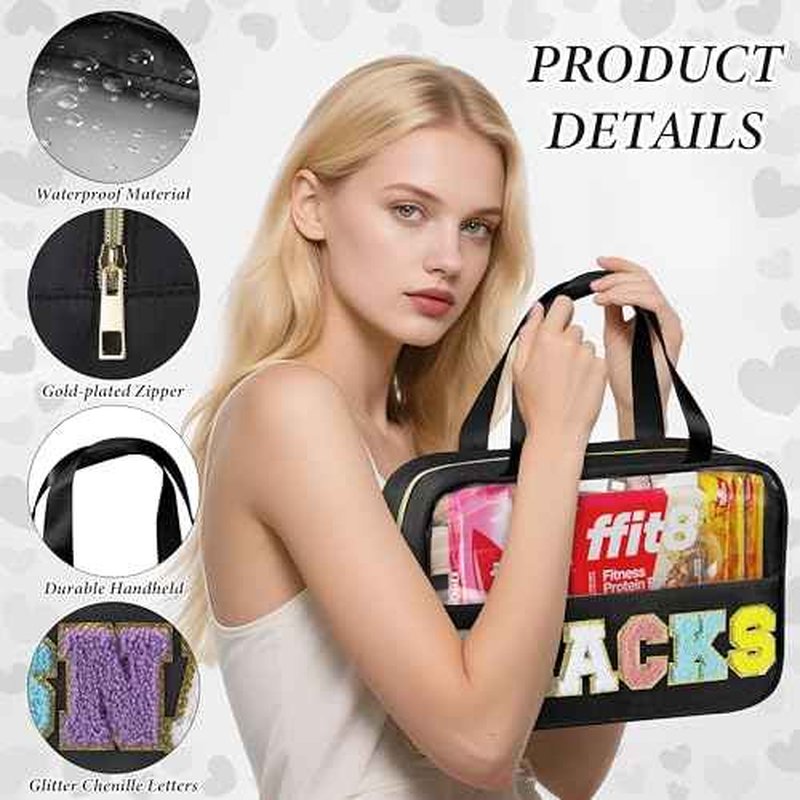 Snack Bag for Travel, Chenille Letter Clear Makeup Bag, 11.8" x 7.9" Nylon & PVC Waterproof Cosmetic Pouch with Handle and Zipper, Cute Preppy Storage Organizer Pouches for Women Girls (Black)