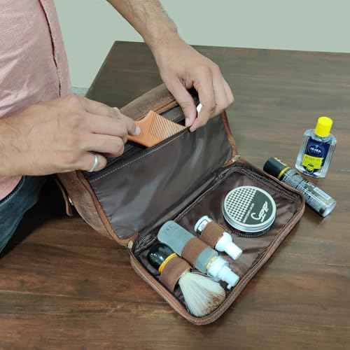 Leather Toiletry Bag for Men - Travel Shaving Dopp Kit - Bathroom Shower Toiletries Organizer - Cosmetic Make up Bag for Women