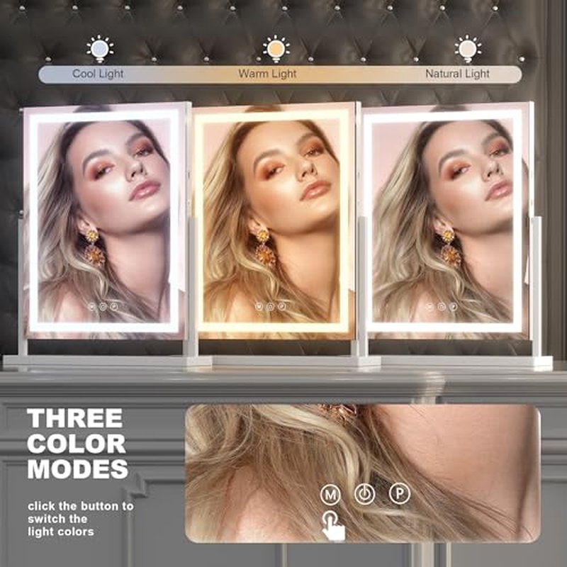 Hasipu Vanity Mirror with Lights, Lighted Makeup Mirror with 10X Magnification, Dimmable 3 Modes, Touch Screen Control, Led Makeup Mirror 17 x 22 Inch