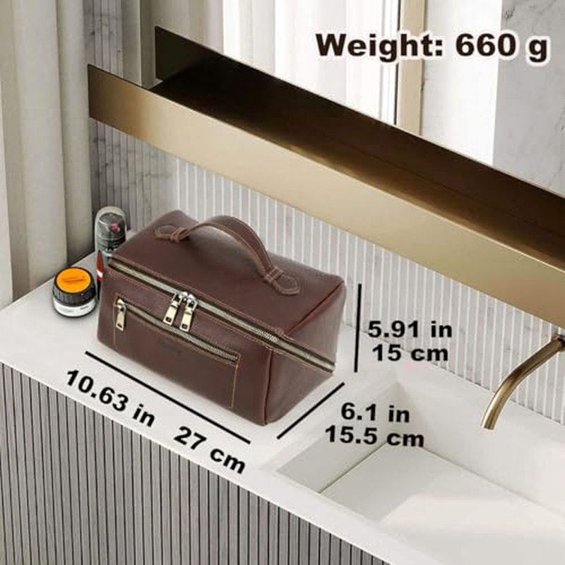 CONTACTS Full Grain Leather Travel Toiletry Bag for Men Large Wash Bag with Handle Bathroom Shaving Dopp Kit Toiletries Organizer Vintage Cosmetic Bag