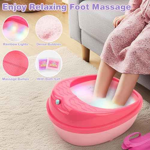 Dreamon Kids Foot Spa & Nail Kit Set - 25 Pcs Kids Spa Day Kit with Middle Size Rainbow Light Massage Foot Soak Tub - Manicure Pedicure Art Salon Girl Stuff - Christmas Birthday Gift for 3-12 Year Old