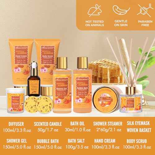 Gift Baskets for Women, Bath and Body Gift Set for her with 13pcs Honey Almond Scented Spa Gifts for Women, Bath Sets Includes Scented Candle, Shower Steamer, Bubble Bath, Bath Salt. Mothers Day Gifts