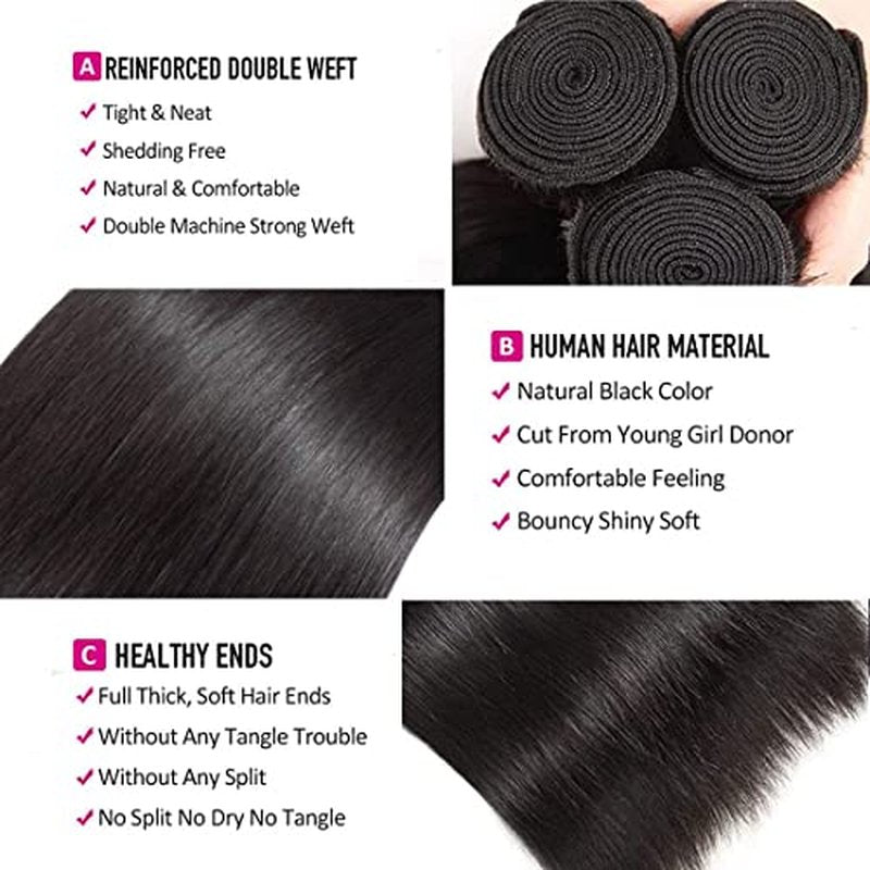 Straight Bundles Human Hair 16 16 16 Inch Brazilian Straight Hair Bundles 100% Unprocessed Virgin Hair Weave Bundle Human Hair Extensions for Women Trippy Hair Bundle Natural Color