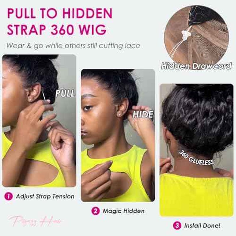 Pizazz Hidden Strap 360 Full Lace Frontal Wigs Human Hair Pre Plucked Pre Bleached 180 Density Glueless Water Wave Human Hair Wigs with Drawstring (Black, 22 Inch)