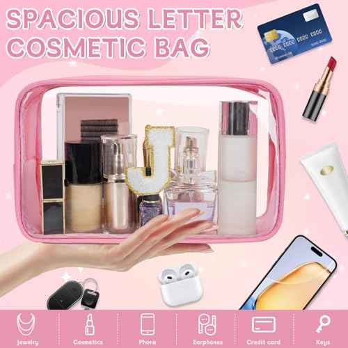 Personalized Initial Clear Makeup Bag, Travel Chenille Patch Cosmetic Bag, Preppy Toiletry Bag Monogram Cosmetic Pouch with Zipper, Ideal Gift for Teen Girls Women (Pink, J)