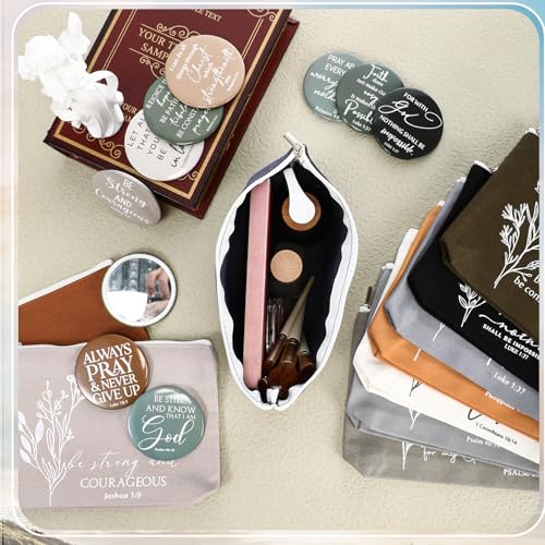 Reginary 10 Sets Thanksgiving Christian Gifts for Women 10 Religious Canvas Makeup Bags 10 Bible Verse Compact Mirrors Inspirational Church Christmas Gifts for Ladies(Neutral Colors,Aesthetic Style)