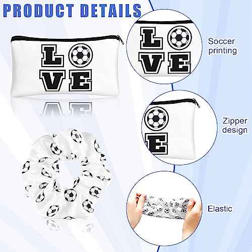 Sweetude 24 Pcs Soccer Gifts 12 Makeup Bag 12 Satin Scrunchies for Girls Portable Cosmetic Travel Bag Elastic Hair Ties Soccer Favors for Women Girls Team Players(White)