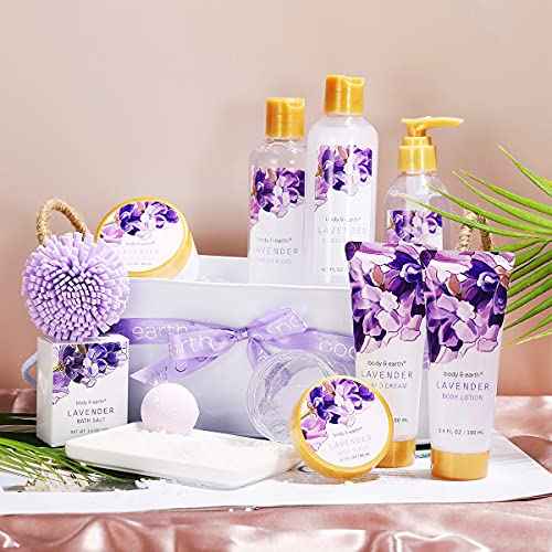 BODY & EARTH Gift Baskets - 11 Pcs Lavender Spa Gifts For Women with Bubble Bath Body Lotion Sets, Bath and Body Gifts Set For Women Christmas Gifts for Her Spa Gift Sets