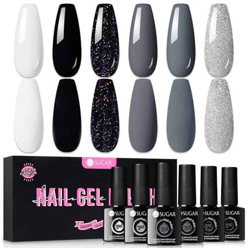 UR SUGAR Black White Gel Nail Polish Set, 6 Colors Black White Grey Gel Polish Black Glitter Sliver Glitter Nail Polish Set for All Seasons Soak Off Gel Nail Manicure Gifts Set for Women