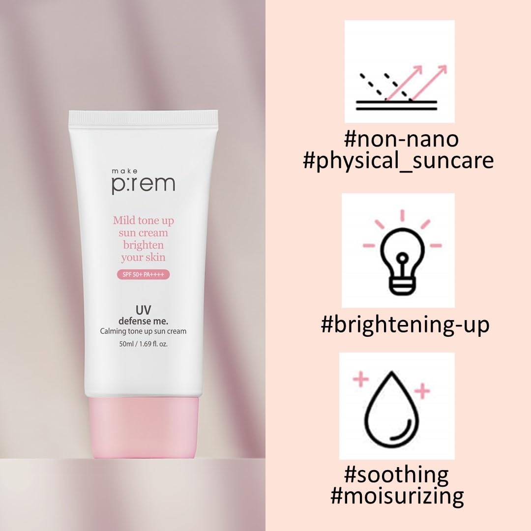 MAKE P:REM UV Defense Me. Calming Tone Up Sunscreen, Non-Nano Zinc Oxide, Reef Safe, Chemical Free, Non-Greasy, SPF 50, Korean Sunscreen,1.69 fl. oz. (50ml)
