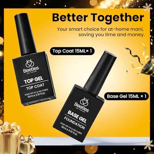 Beetles No Wipe Gel Top Coat and Base Coat Set for Gel Nail Polish - 2Pcs 15ml Super Shiny and Long Lasting Soak Off UV/LED Lamp Needed, Christmas Nail Art Design Gift
