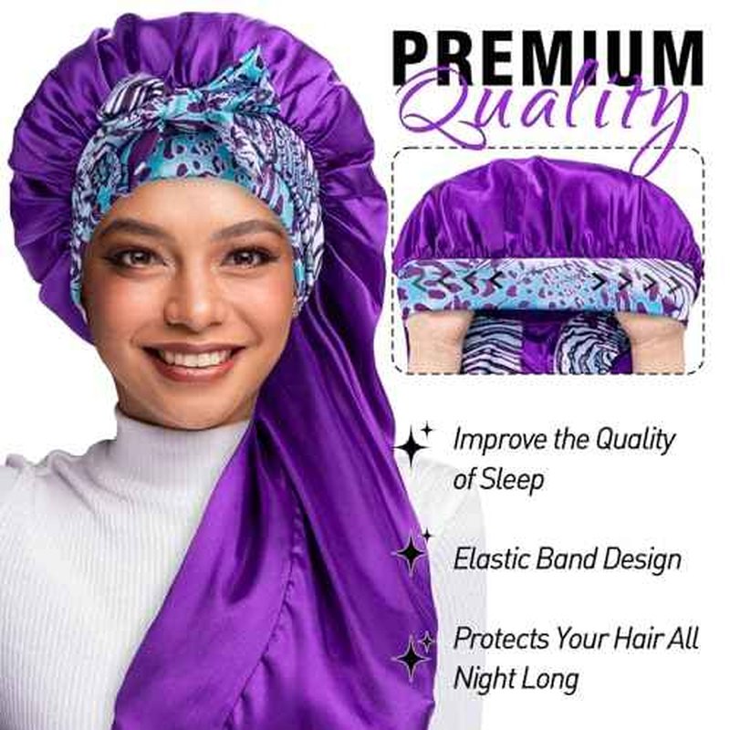 2Pcs Bonnets for Women Sleeping Braid Bonnet, Large Long Satin Silk Bonnet for Braids, Black Women Braid Bonnets with Stretchy Tie Band for Sleeping Extra Long (Black & Purple Pattern)