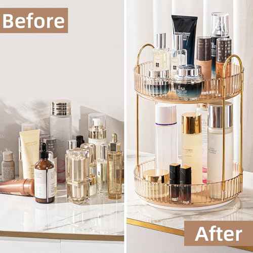 Makeup Organizer for Vanity, 360¡Æ Rotating Bathroom Organizer Countertop, High-Capacity Skincare Organizer, Spinning Cosmetics Organizer for Dresser Countertop (2 Tiers, Amber)