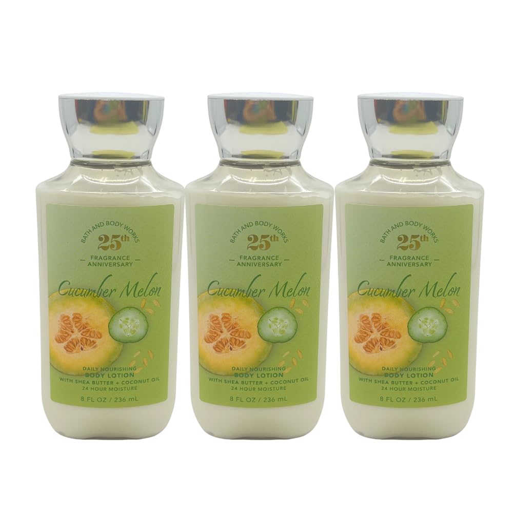 Bath & Body Works CUCUMBER MELON Body Lotion 8 fl oz Gift Set with a Red Bow for Holiday & Gifts Pack of 3 - Limited Edition