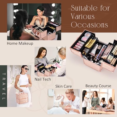 FRENESSA Makeup Train Case Cosmetic Box Portable Makeup Case Organizer 4 Trays Lock Travel Storage Organizer with Dividers Make Up Artist Vanity Hard Nail Spa Beauty Box Rose Gold Floral