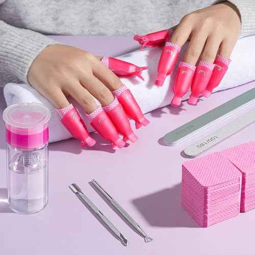 TsMADDTs Gel Nail Polish Remover Tools Kit with 540 Lint Free Wipes, 10 Soak Off Clips, 100ml Nail Polish Remover Bottle, Cuticle Pusher/Peeler, File, Buffer Block