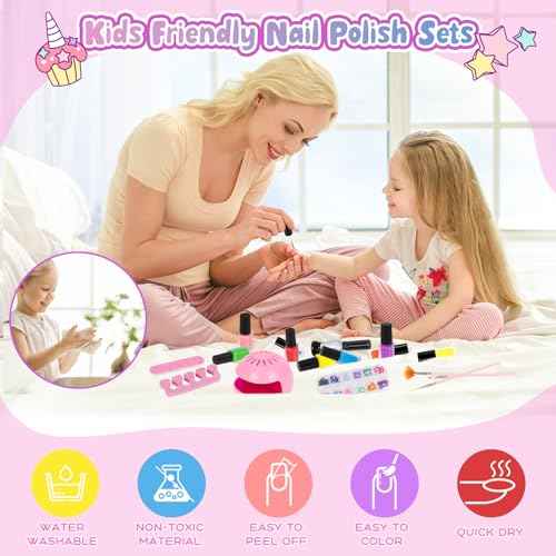 Kids Nail Polish Set for Girls, 28Pcs Nail Art Kit with Nail Dryer, Non-Toxic Peel-Off Water-Based Nail Polish Christmas Birthday Gifts Toddlers Kids Girls Toys Ages 8 9 10+