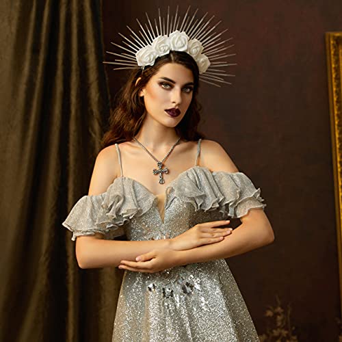 Fantherin Halo Crown with Roses Womens Mexican Flower Goddess Rose Spiked Sun Headpiece for Cosplay Halloween Costume