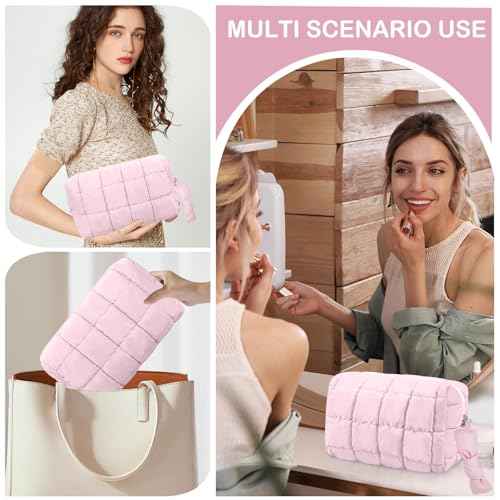 Puffy Quilted Makeup Bag, Cute Checkered Cosmetic Bags with Divider, Waterproof Travel Toiletry Bag, Make up Pouch for Women & Girls Travel Essentials (Bow, Pink, Medium)