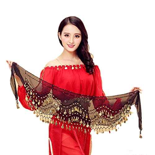 Multi-Row Gold Coins Belly Dance Wrap & Hip Scarf, Simple Classical Style -Black 128 Gold Coins Dance Skirt and Face Tattoo Sticker Metallic Temporary Transfer Tattoo