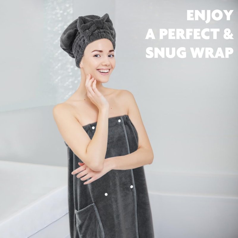 SUNLAND Microfiber Women Hair Drying Towel and Bath Towel Wrap, Adjustable Soft Body Wraps Dress with Hair Towels, Super Absorbent to Quick Drying 32 Inch x 60 Inch Dark Grey