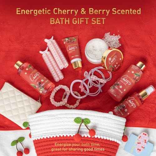 Spa Gifts for Women, Cherry & Berry Spa Gift Set for Teenage Tote Bag, Shower Gel, Hand & Body Lotion, Hitrees Birthday for Best Friend Woman, Mom, Mothers Day,Christmas Gift for Women
