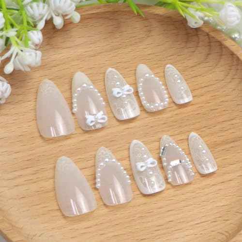 Medium Press on Nails Almond Fake Nails with 3D Bow Pearl Designs White False Nails Full Cover Acrylic Nails for Women 24Pcs