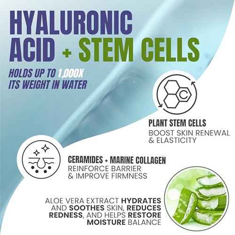 Alozera Pure Hyaluronic Acid Serum with Stem Cells for Face & Neck, Deep Hydration Facial Moisturizer for Plumper & Smoother Skin, Concentrated Anti-Aging Serum, Day & Night