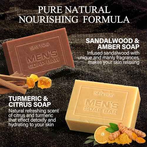 SHVYOG Mens Soap, 4 Pack Mens Bar Soap, Gift for Men Natural Cold Pressed Handmade Exfoliating Soap, Deep Cleansing, Moisturizing Bar Soap, Sandalwood Amber, Mint, Charcoal, Turmeric - 150G*4