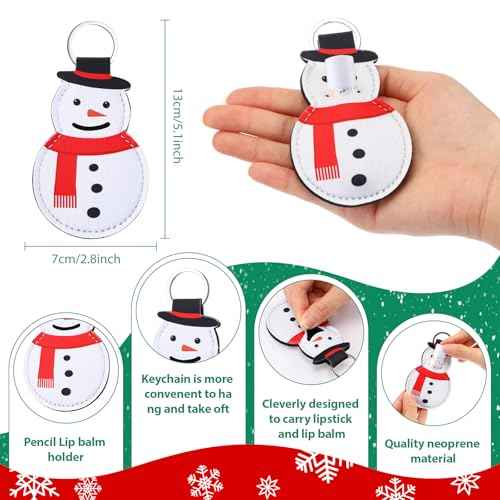 24 Pcs Christmas Lipstick Holder Keychain Lip Balm Holder Bulk Lipstick Neoprene Portable Sleeve for Christmas Party Favors Gifts Women Nurses Teachers Employees Friends(Snowman)
