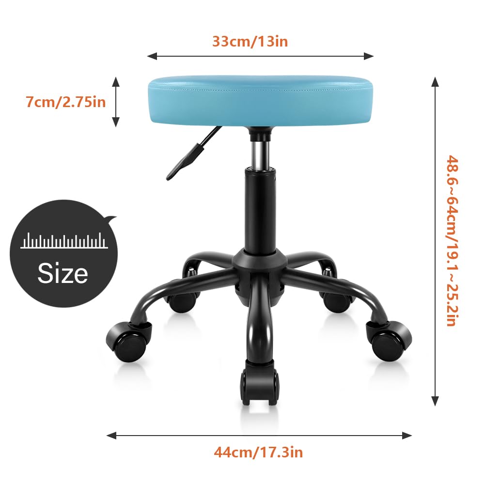 KKTONER Round Rolling Stool Height Adjustable Stool PU Leather Chair with Wheels Salon Spa Drafting stools Small Sky Blue