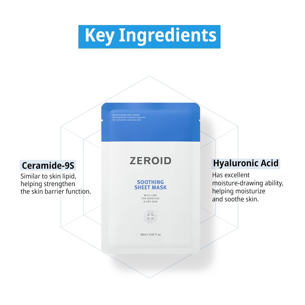 Zeroid Soothing Sheet Mask for Sensitive Dry Skin - Hydrating Korean Face Mask with Hyaluronic Acid & Ceramide | 5 Pure Cotton Sheets