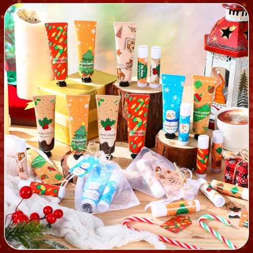 Loopeer 12 Sets/48 Pcs Christmas Hand Cream and Lip Balm Gift Set for Women Bulk Mini Hand Lotion Travel Size for Dry Skin Stocking Stuffers with Greeting Card Organza Bags for Coworker Employee