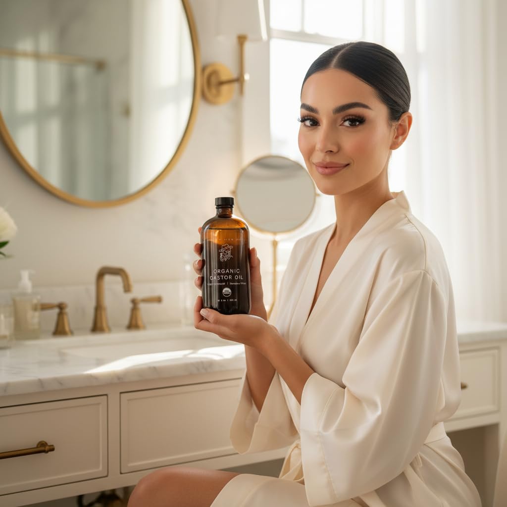 Pretty farm girl Pure Organic Castor Oil - Cold-Pressed & Hexane-Free - 100% Pure - Amber Glass Bottle - All Skin & Hair Types