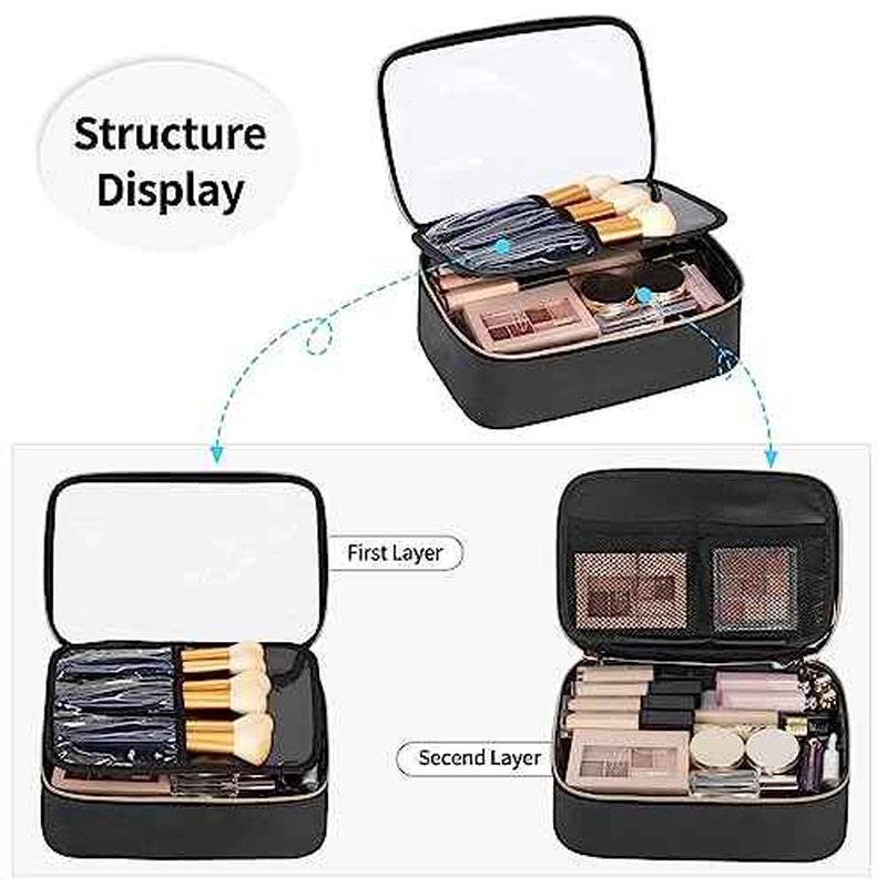 OCHEAL Clear Makeup Bag, Portable Cosmetic Organize,Travel Makeup Bag Cute Clear Pouch For Women and Girls Cosmetics Bags with Divider Makeup Brush Compartment-Black PU Leather